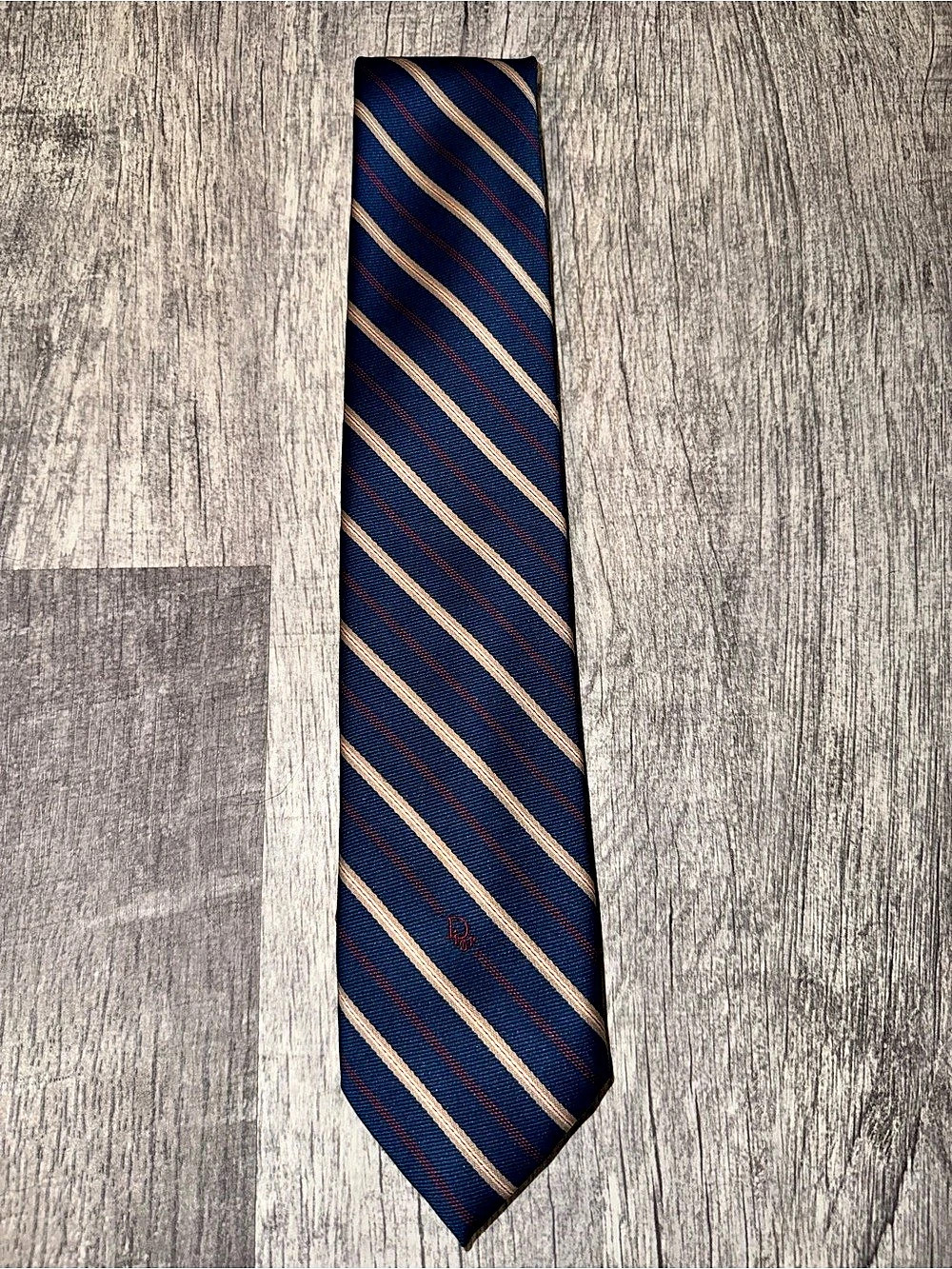 Christian Dior Men's Silk Striped Tie Blue Beige Red Woven Logo One Size